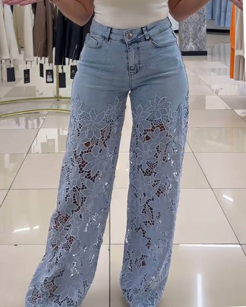 Shapshe® Cut out Floral Denim with Lace Wide Leg Jeans for Women - By Qivii