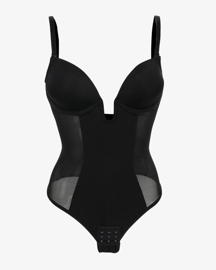 Sexy Plunge Neck Backless Mesh Panel Shapewear Thong Bodysuit