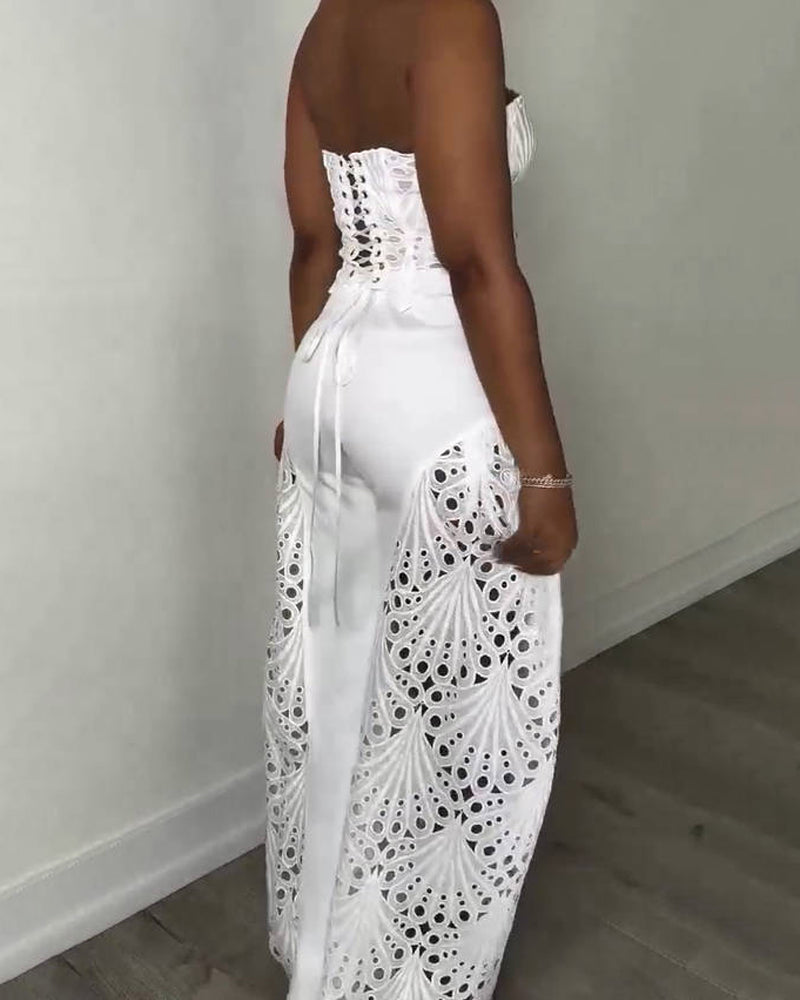 Elegant Strapless Floral Eyelet Cutout Top & Wide Leg Pants Set - By Qivii