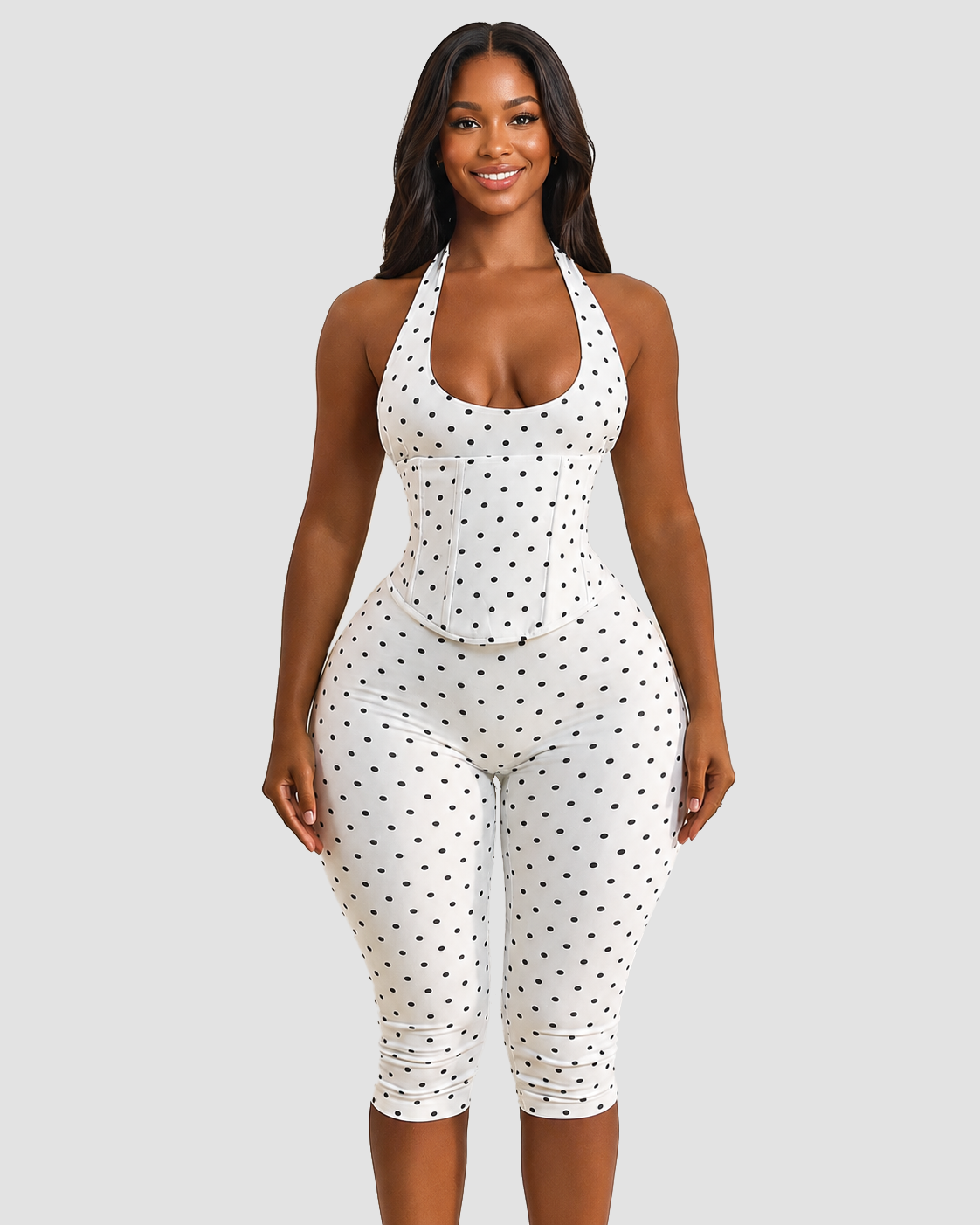 Hourglass Figure Body Shaper Waist Cincher Polka Dot Capri Jumpsuit Two-Piece Set - By Qivii