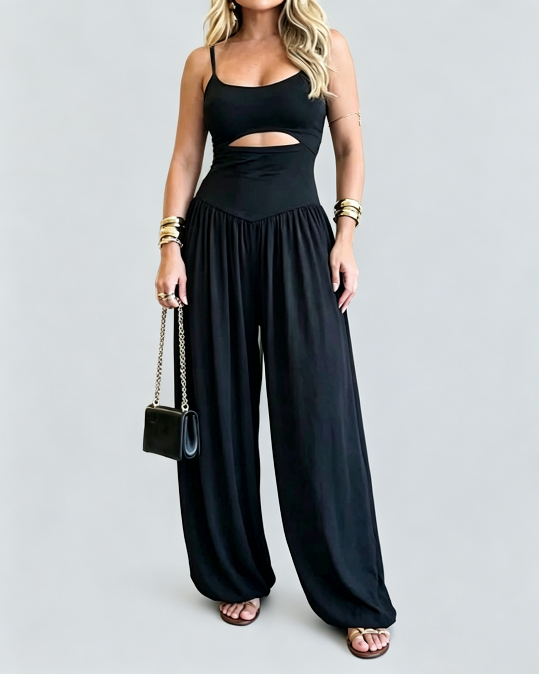 Solid Color Cut-out Cami Backless Jumpsuit - By Qivii