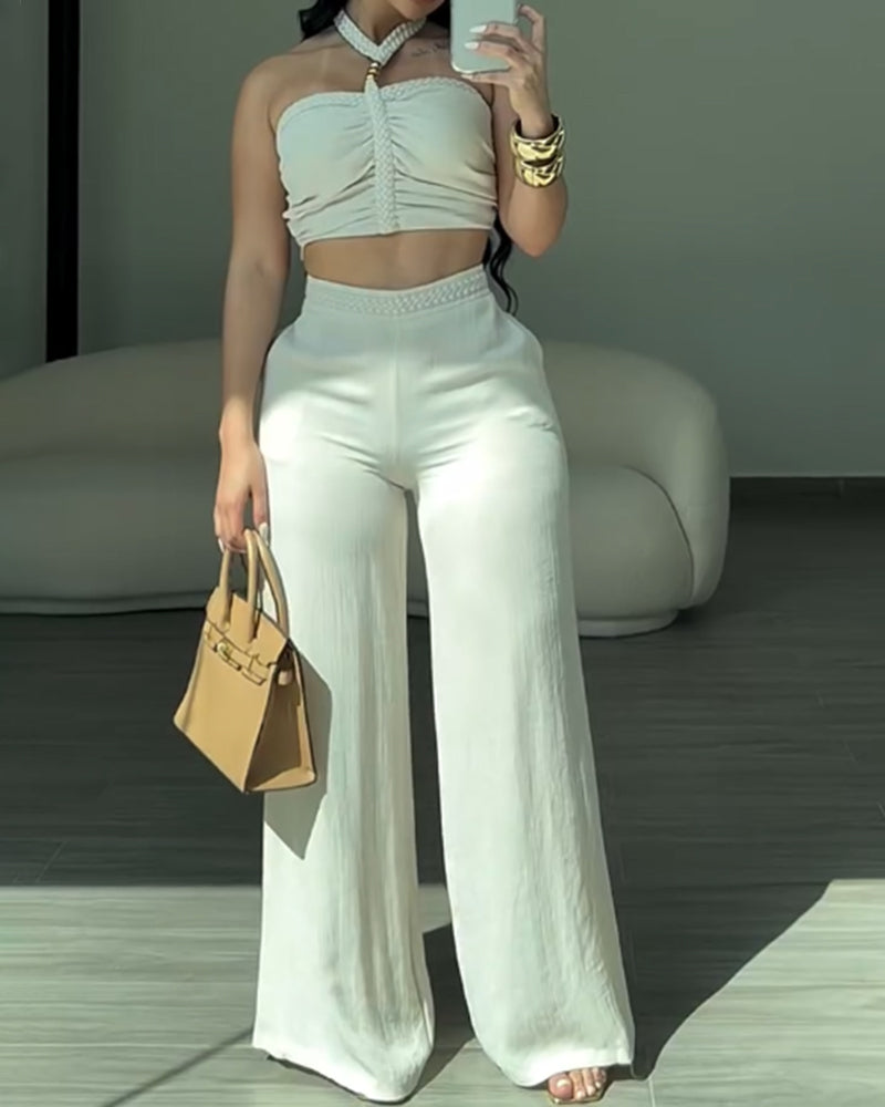 2 Piece Braided Trim Two Piece Outfit with Flared Trousers - By Qivii