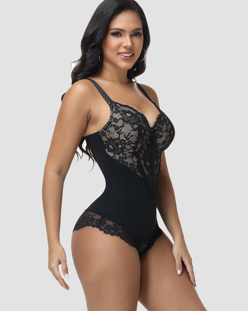 Shapshe® Front and Back Deep V Lace Trim Shapewear Bodysuit