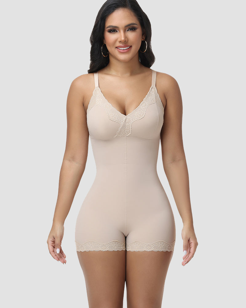 Shapshe® Lace Trim Deep V Mid-Thigh Bodysuit Shaper