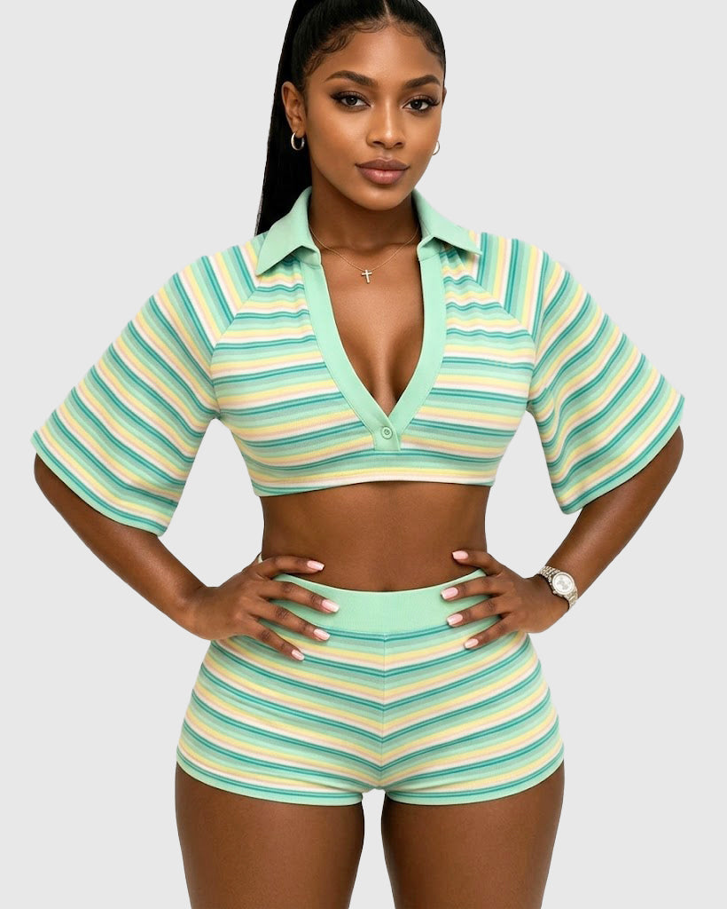 Striped Polo Crop Top High Waist Butt Lifting Shorts Two Piece Set - By Qivii