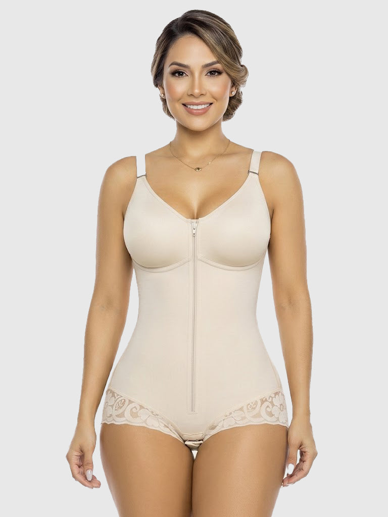 Lace-trimmed Tummy Control Zipper Shapewear Bodysuit