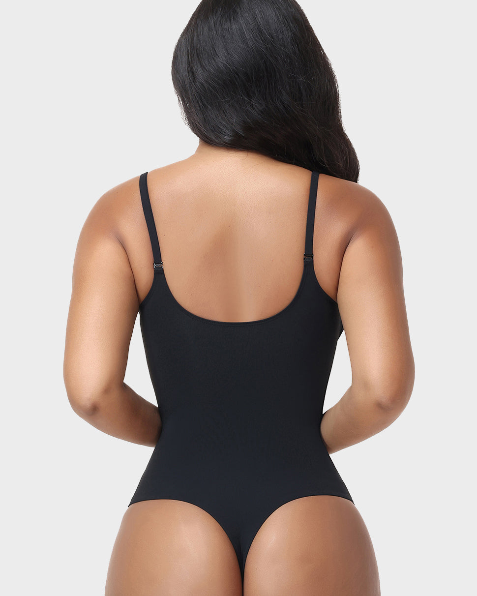 Metal V Detail Adjustable Thin Strap Seamless Hourglass Thong Bodysuit