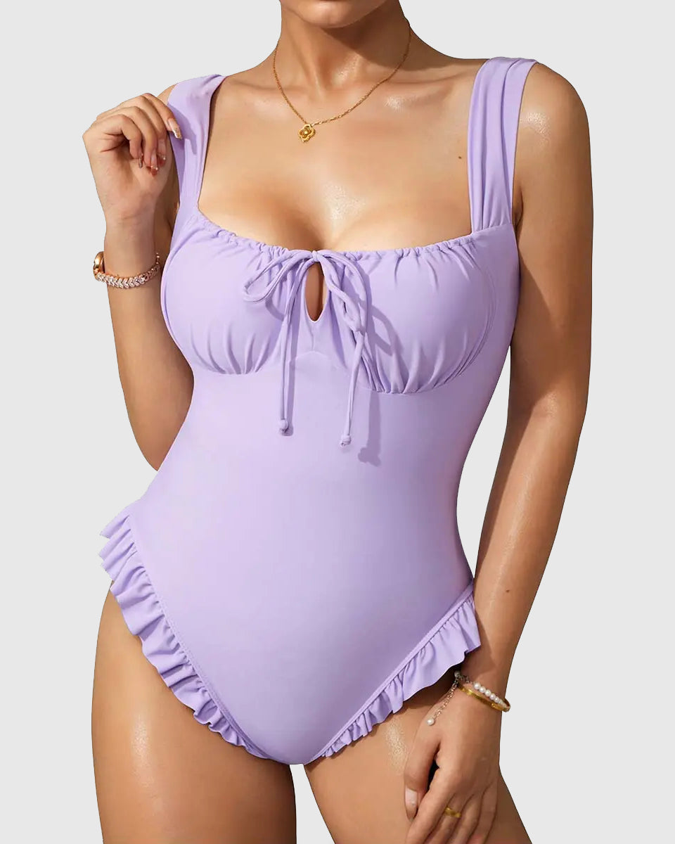 Square Neck Front Tie Ruffle Hem One Piece Swimsuit - By Qivii