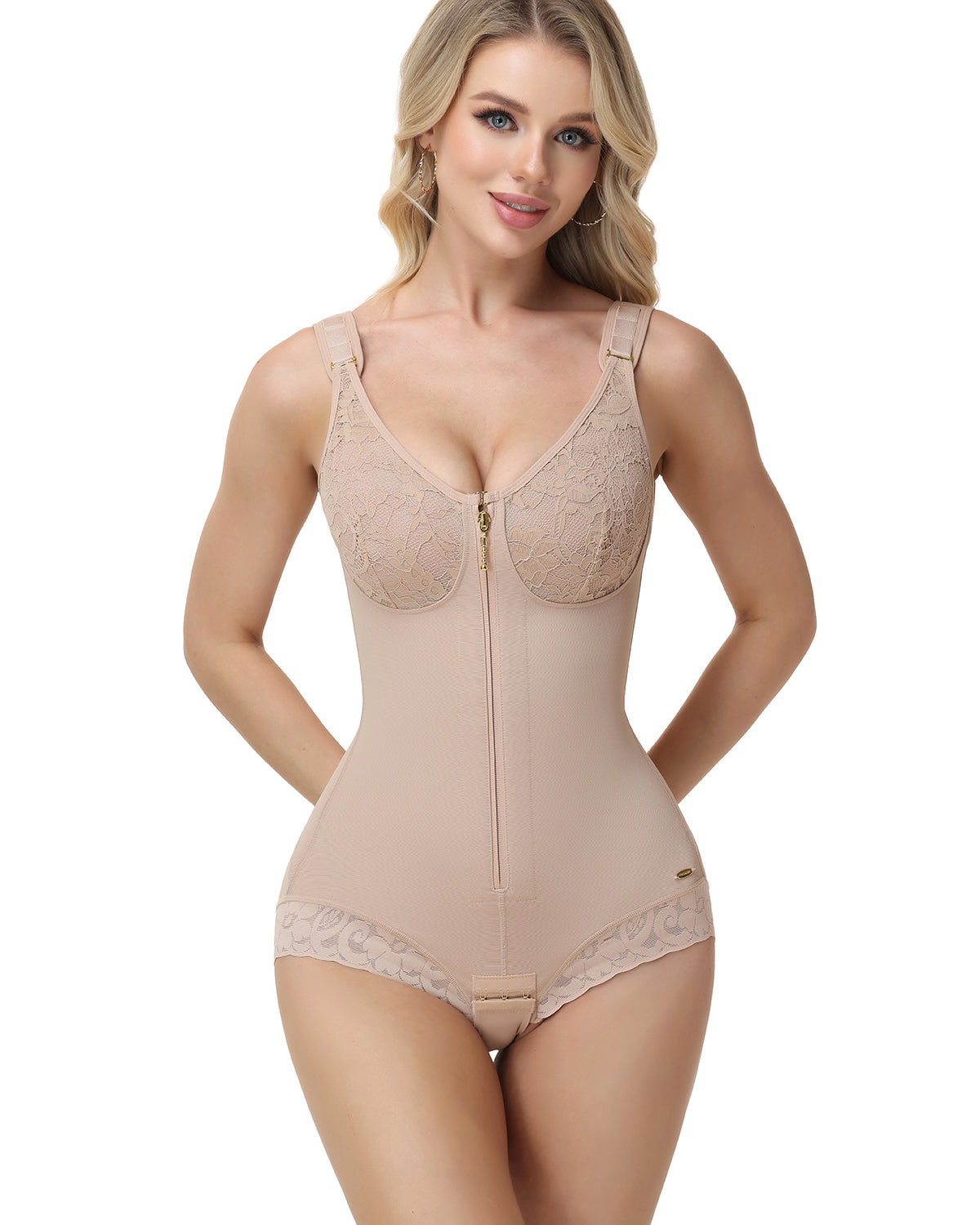Lace V Neck Adjustable Strap Tummy Control Butt Lifting Zipper Bodysuit