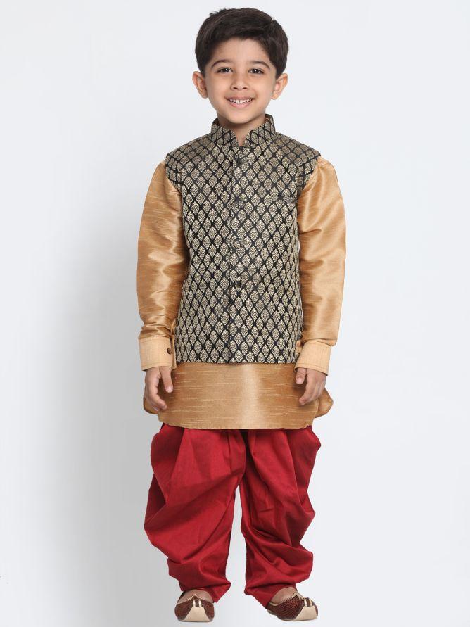 Vastramay Boys' Black Cotton Silk Blend Ethnic Jacket, Golden Kurta and Dhoti Pant Set - qivii