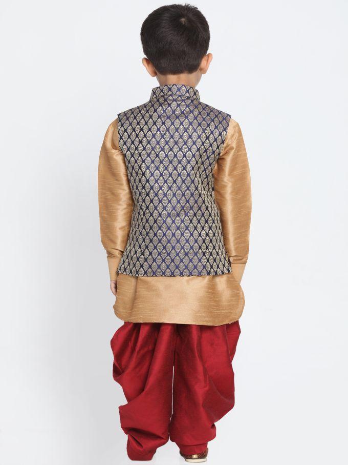 VASTRAMAY Boys' Blue Cotton Silk Blend Ethnic Jacket, Golden Kurta and Dhoti Pant Set - qivii