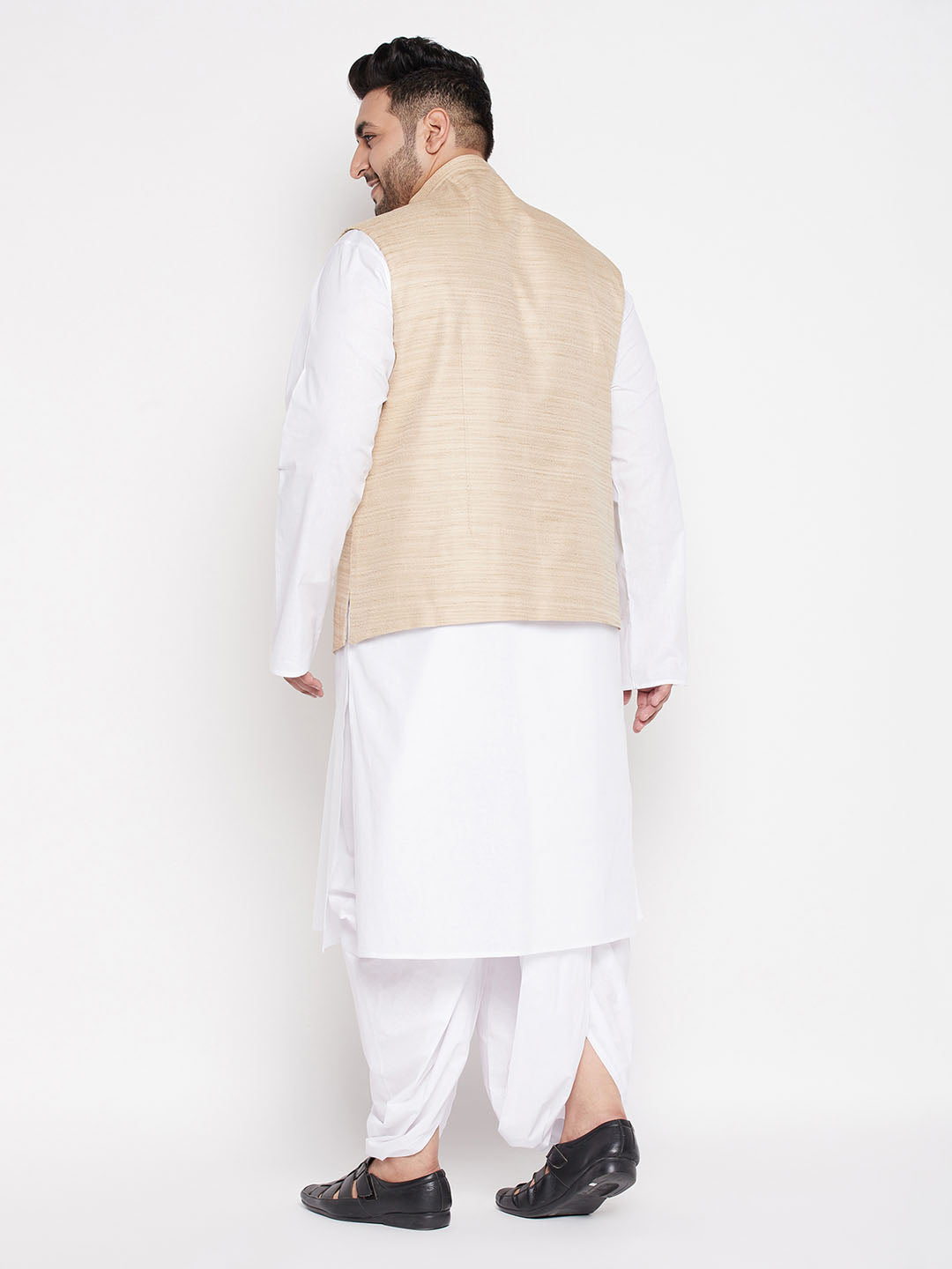 Men's Plus Size Beige Cotton Blend Jacket With White Kurta And Dhoti Set