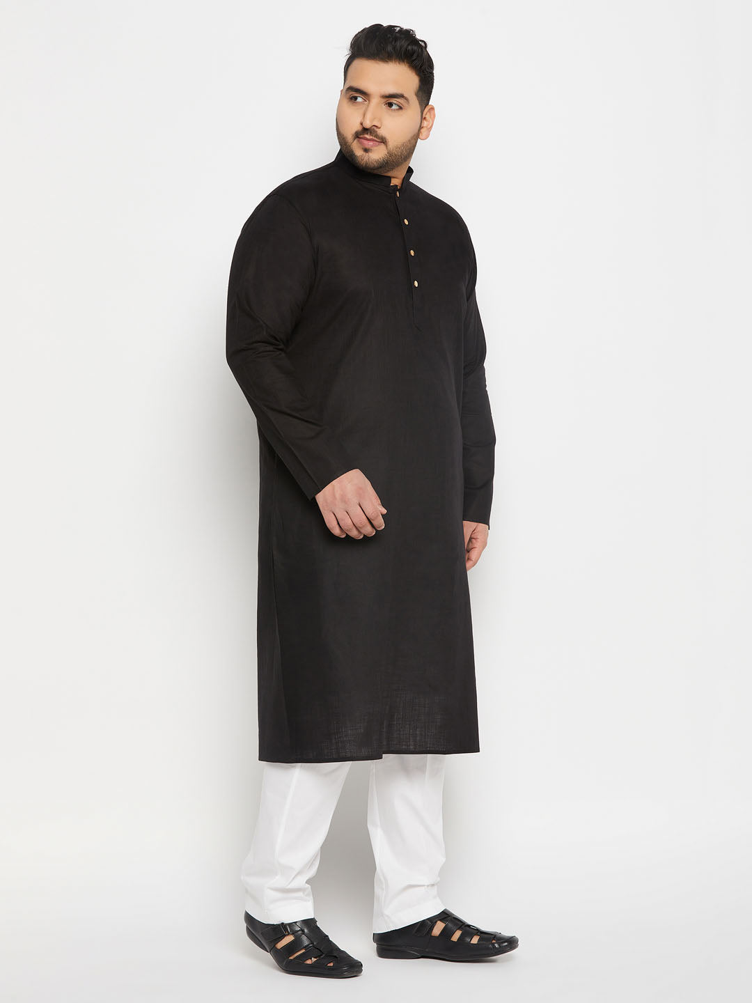 Men's Plus Size Black Cotton Kurta And Cotton Pant Style Pyjama Set