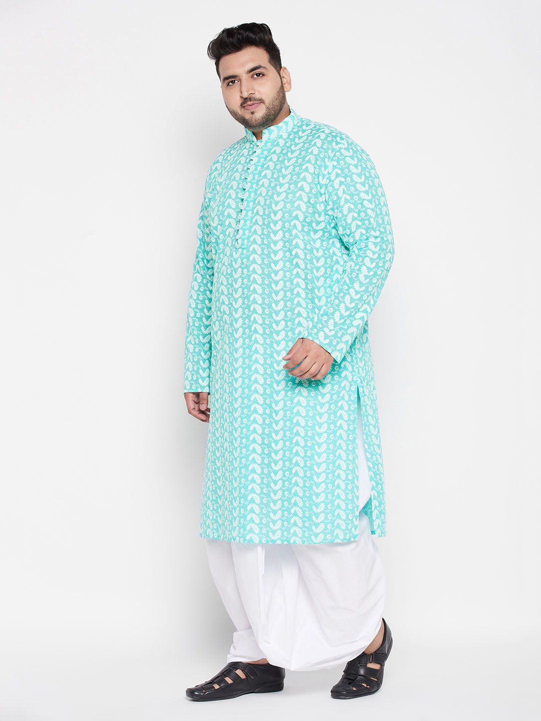 Men's Plus Size Green Chikankari Embroidered Kurta And White Dhoti Set