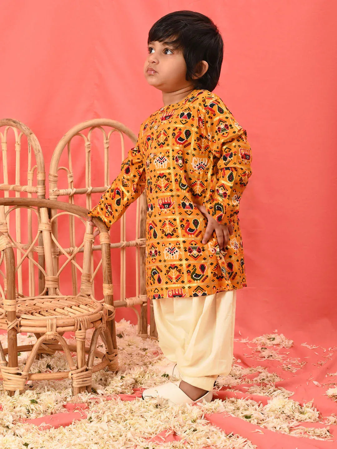 Boy's Yellow Patola Print Festive Kurta Pyjama Set