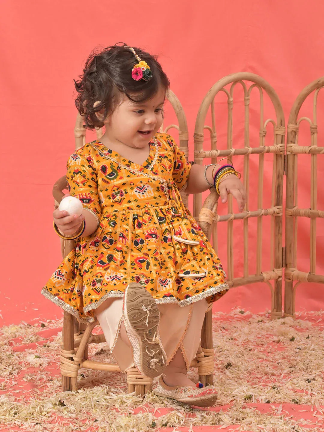 Girl's Yellow Angrakha Style Patola Print Kurta Dhoti Set