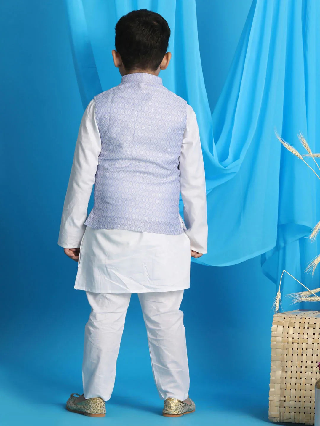 Boy's Lavender Woven Jacket With White Kurta And Pyjama Set
