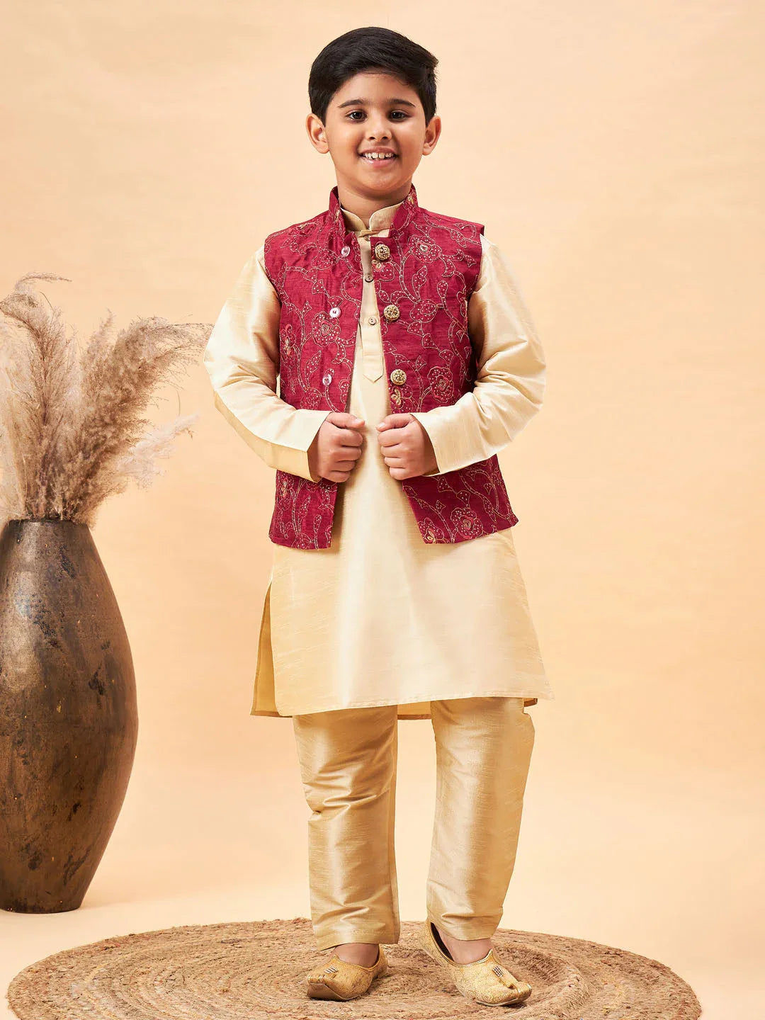 Boy's Maroon Nehru Jacket With Gold Kurta And Pyjama Set