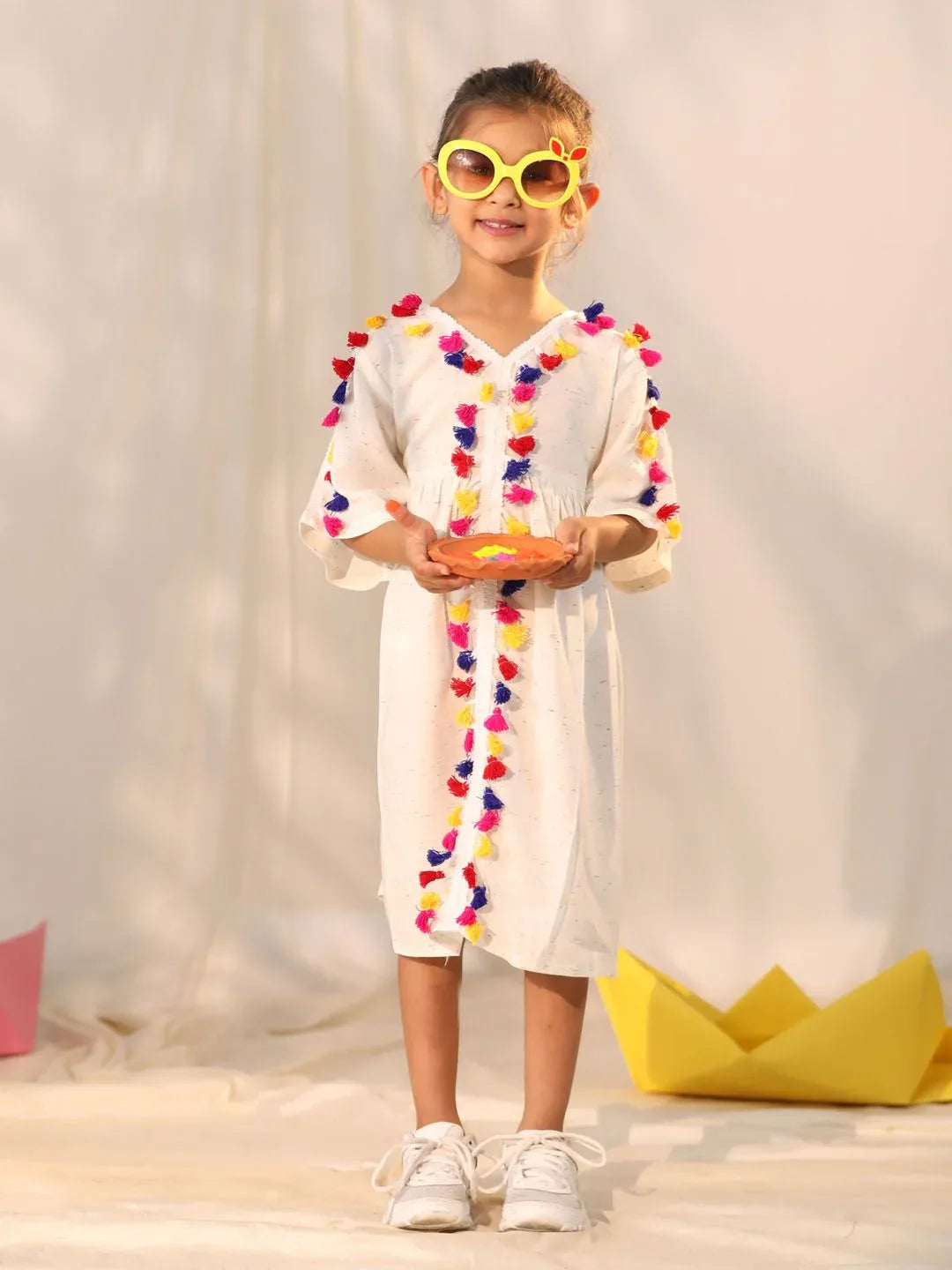 Girl's' Cream Holi Special Dress