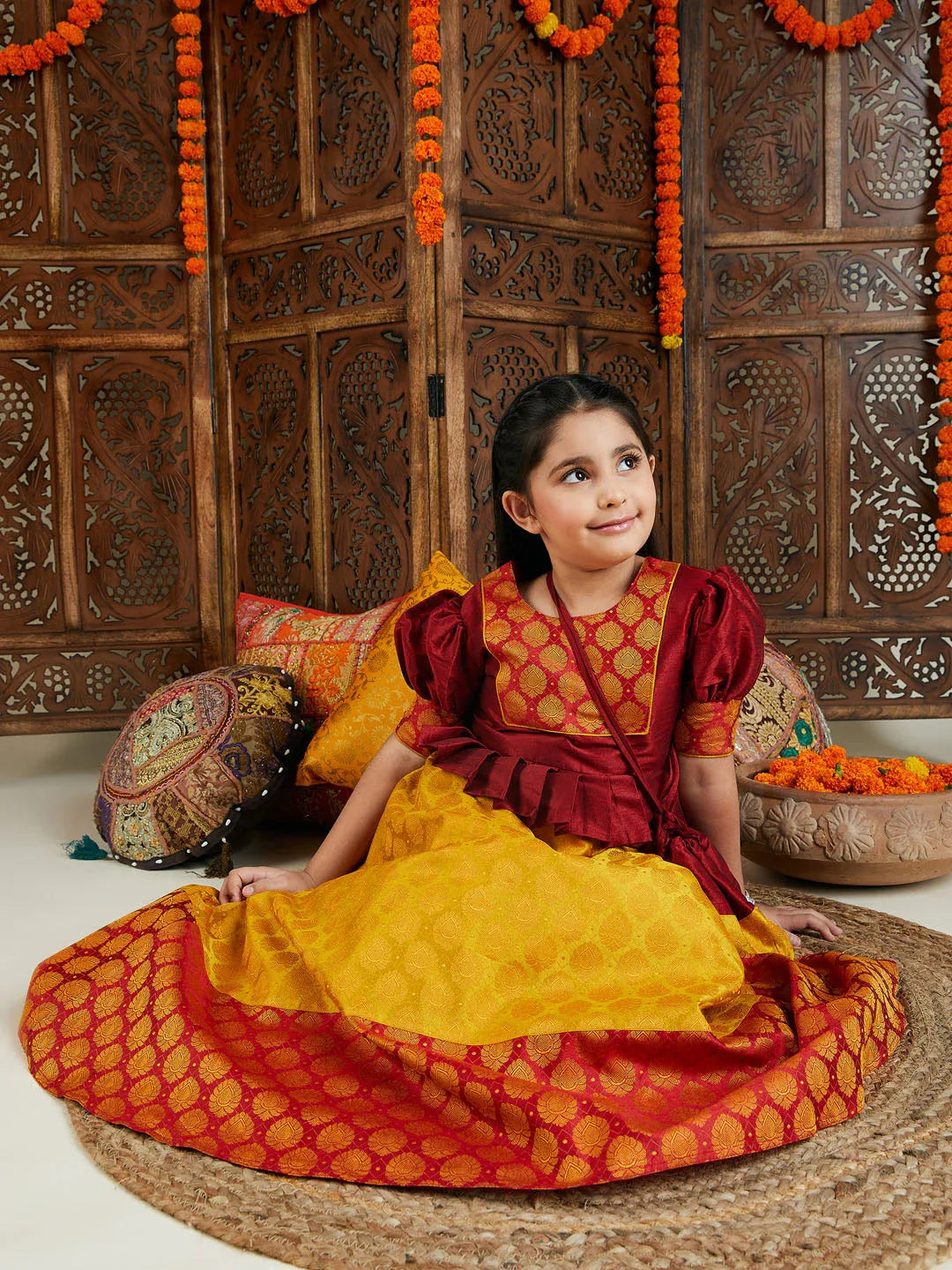 Girl's' Mustard And Maroon Lehenga Set
