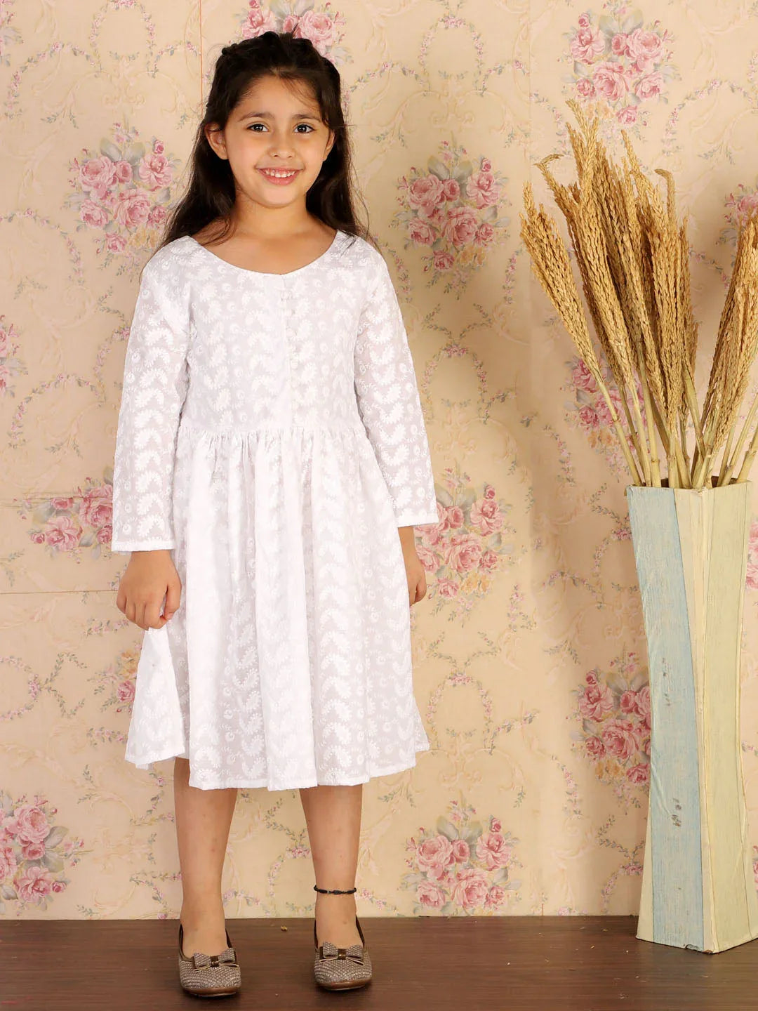 Girl's White Pure Cotton Chikankari Kurta