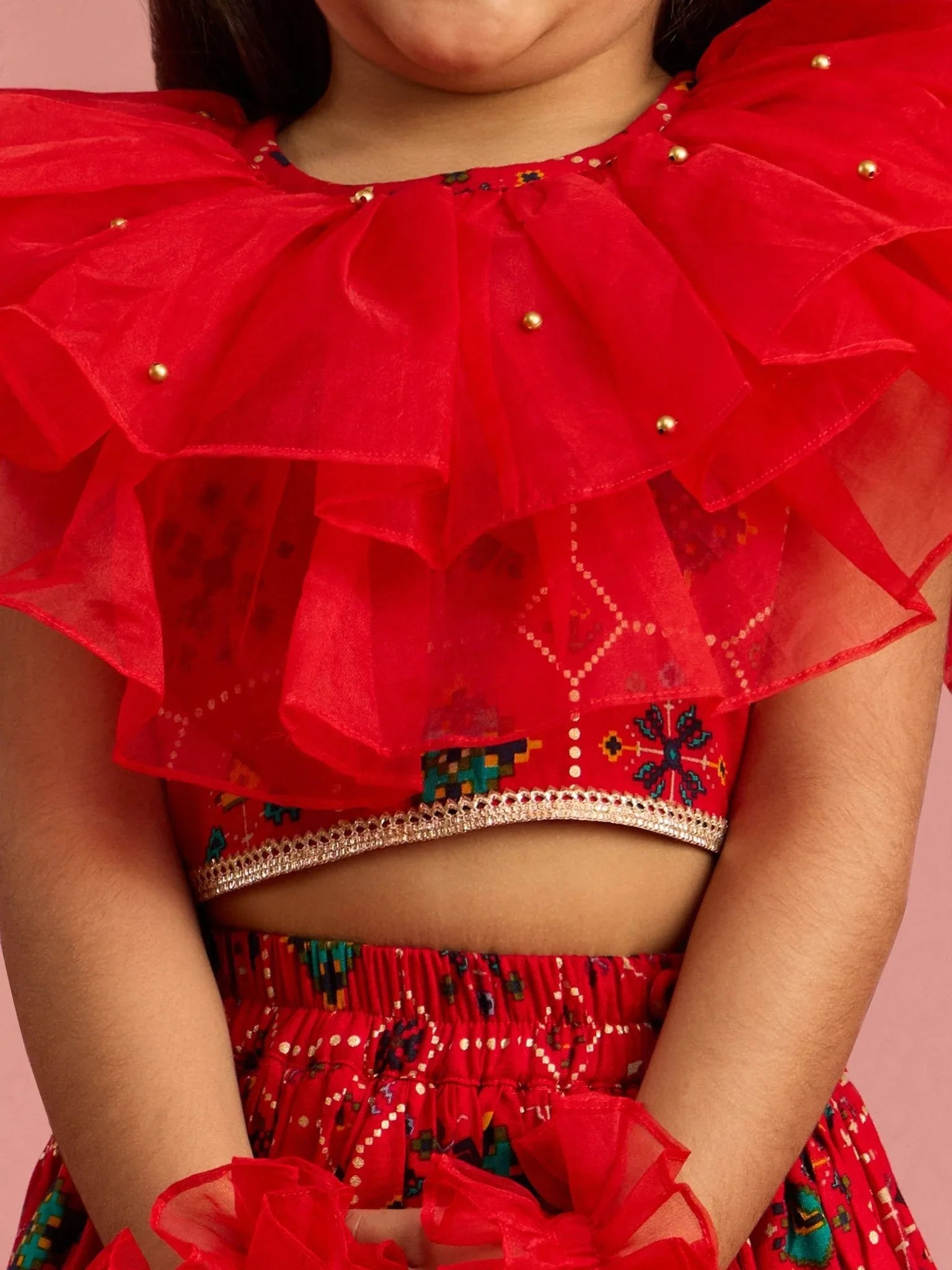 Girls Red Patola Print Rayon Lehenga Choli Set with Accessories & Ruffled Hand Gloves