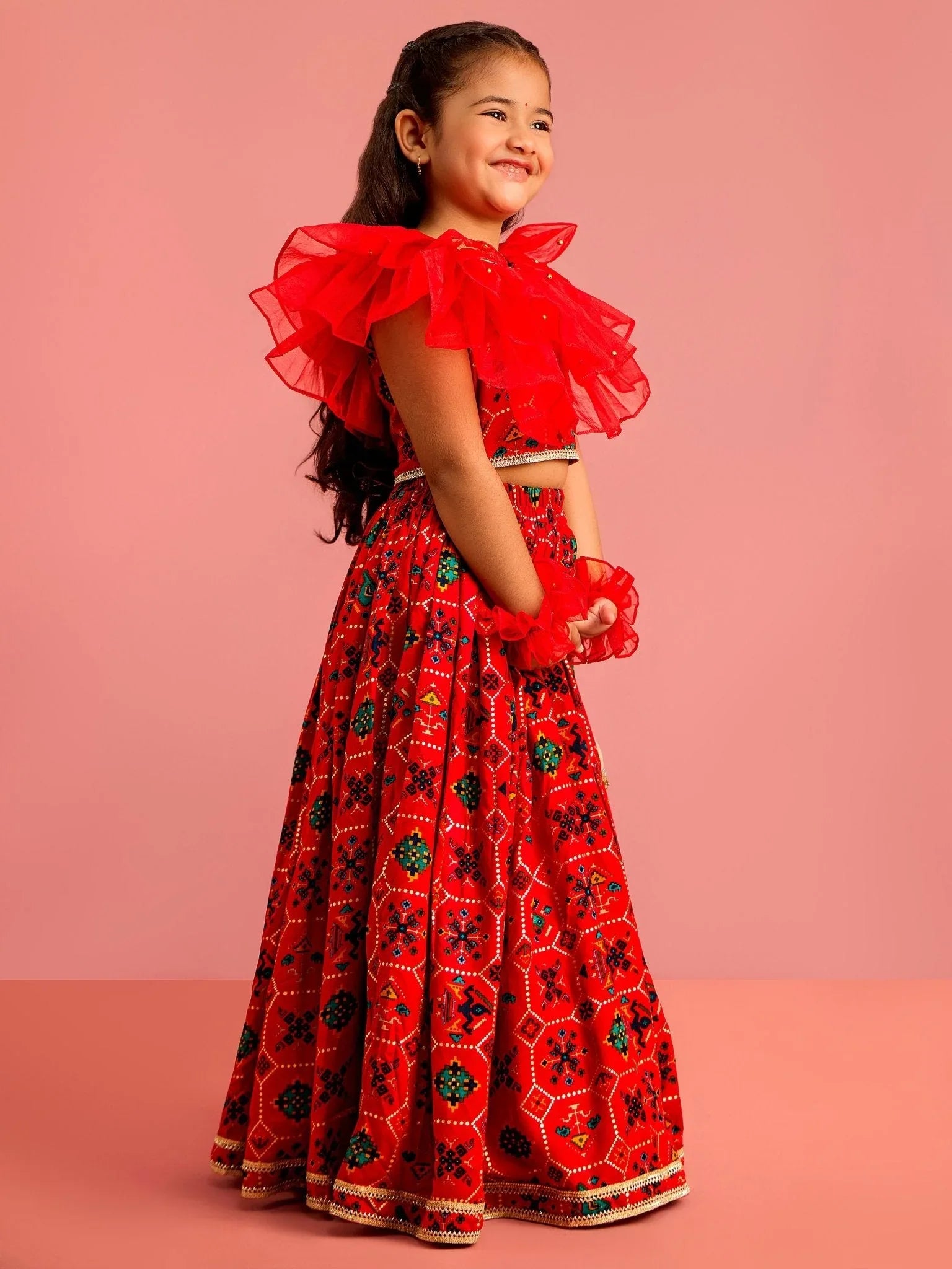 Girls Red Patola Print Rayon Lehenga Choli Set with Accessories & Ruffled Hand Gloves