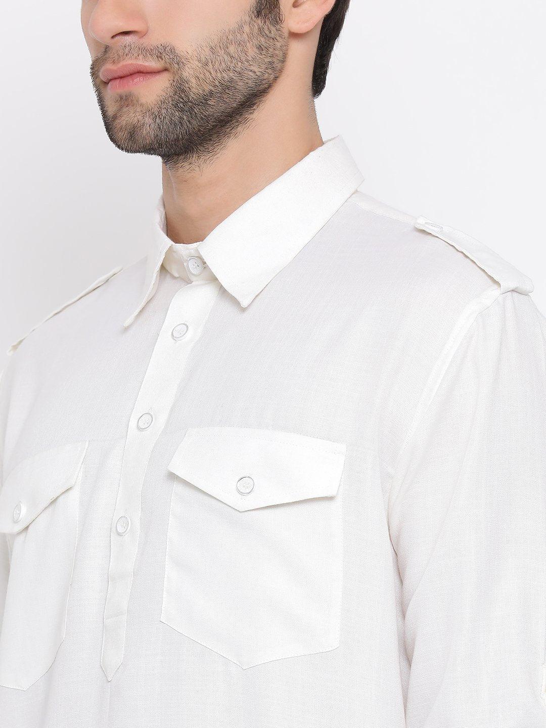 Men's Cream Cotton Blend Pathani Style Kurta