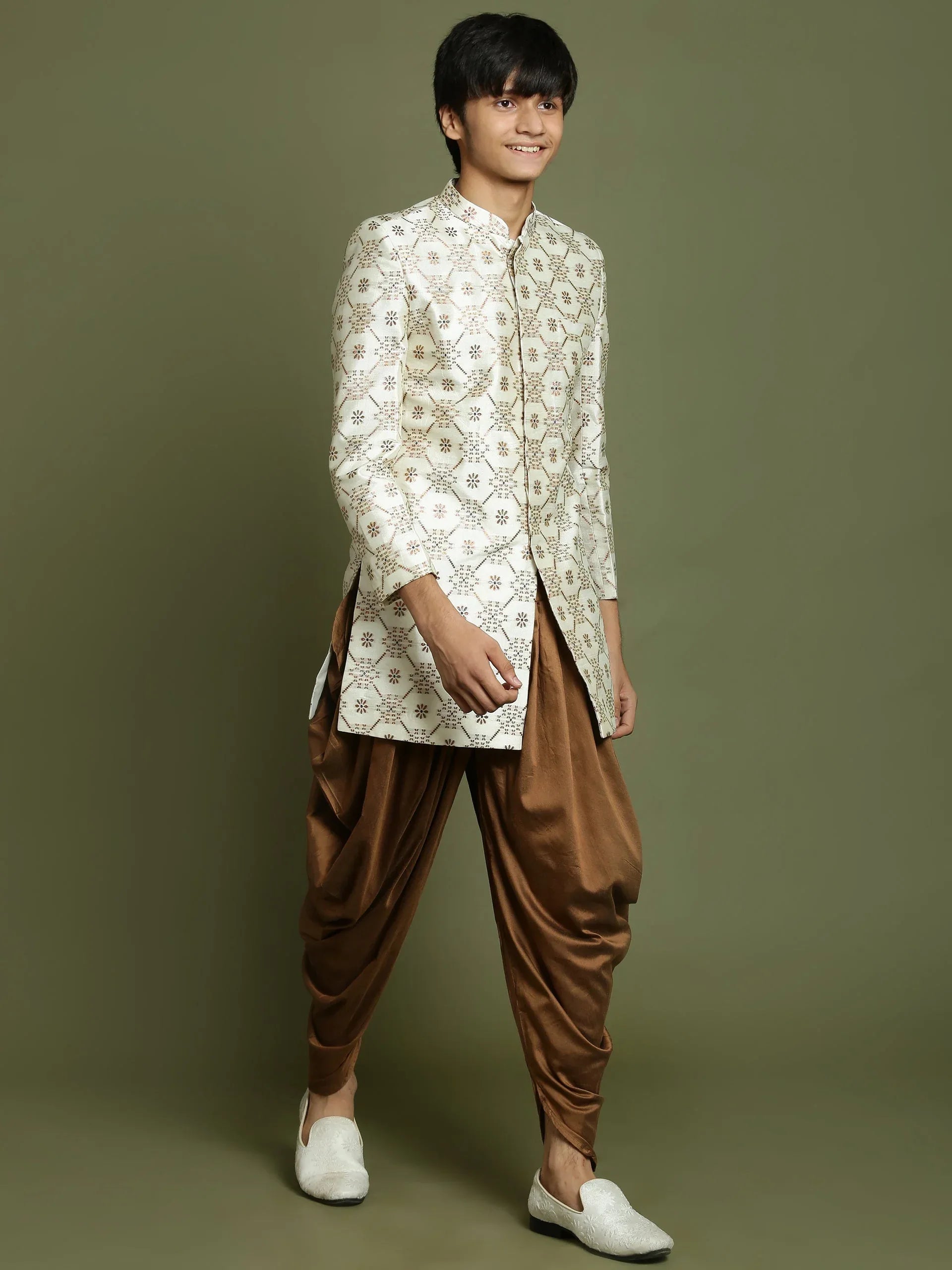 Boy's Beige And Coffee Jacquard Sherwani Set