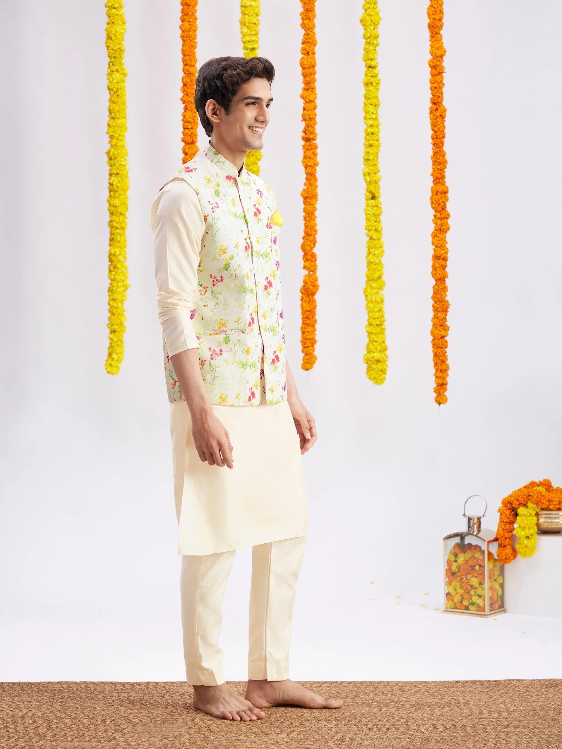 Cream Printed Nehru Jacket And Cream Solid Kurta With Pyjama Set