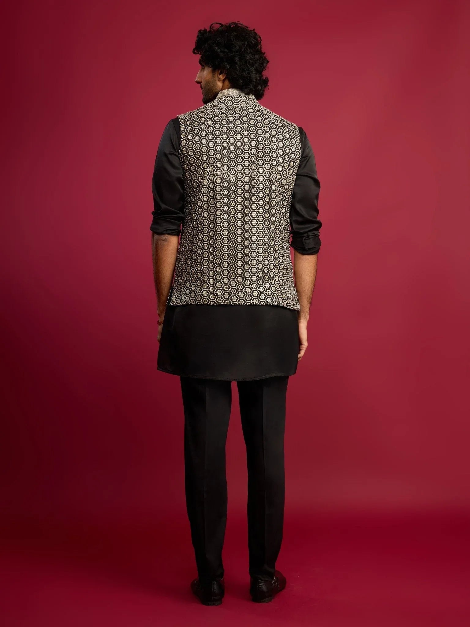 Men's All-Black Sequin & Thread Embroidered Nehru Jacket with Black Satin Kurta & Pants Set