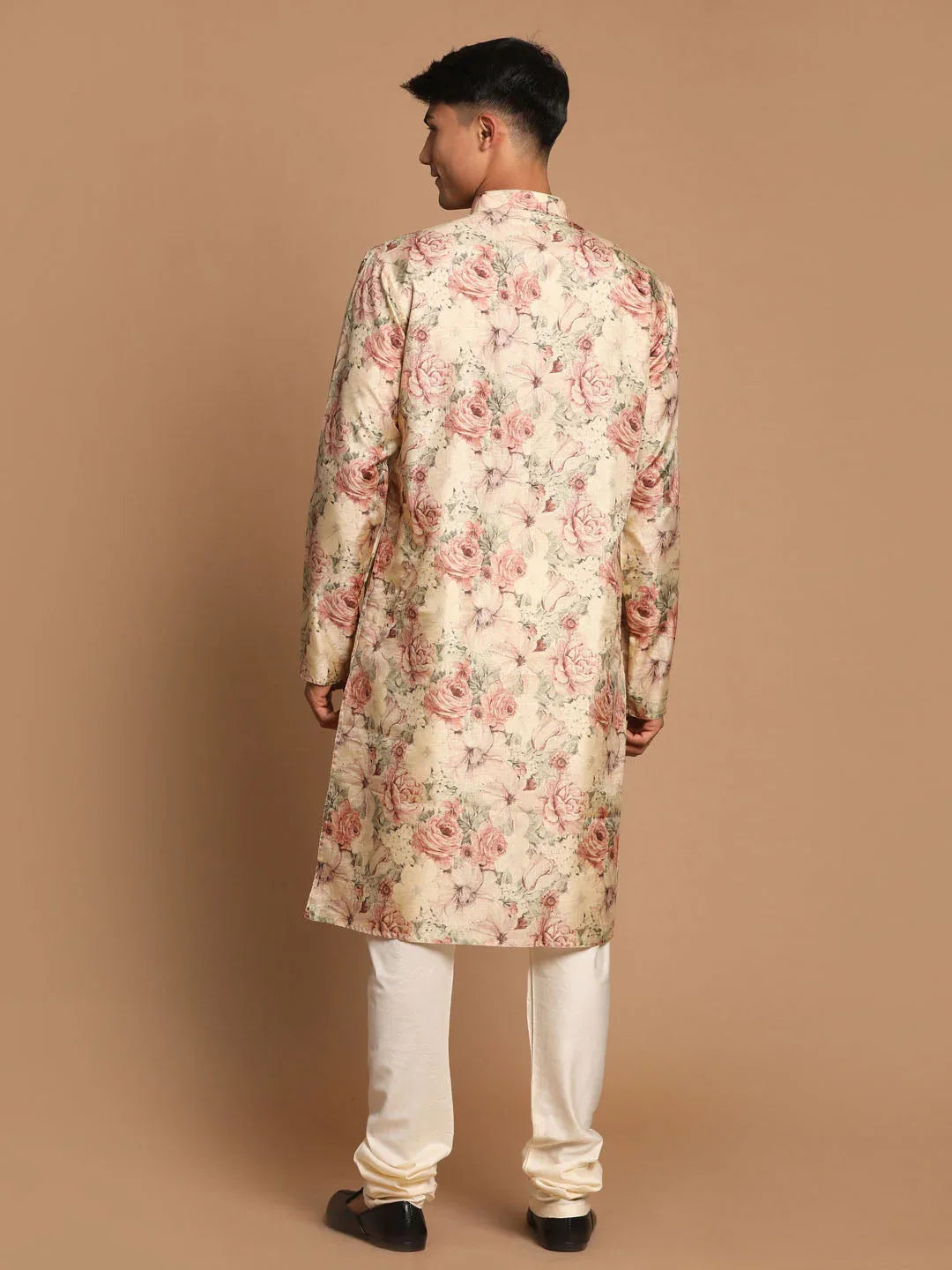 Men's Beige Floral Printed Kurta With Cream Solid Pyjama Set