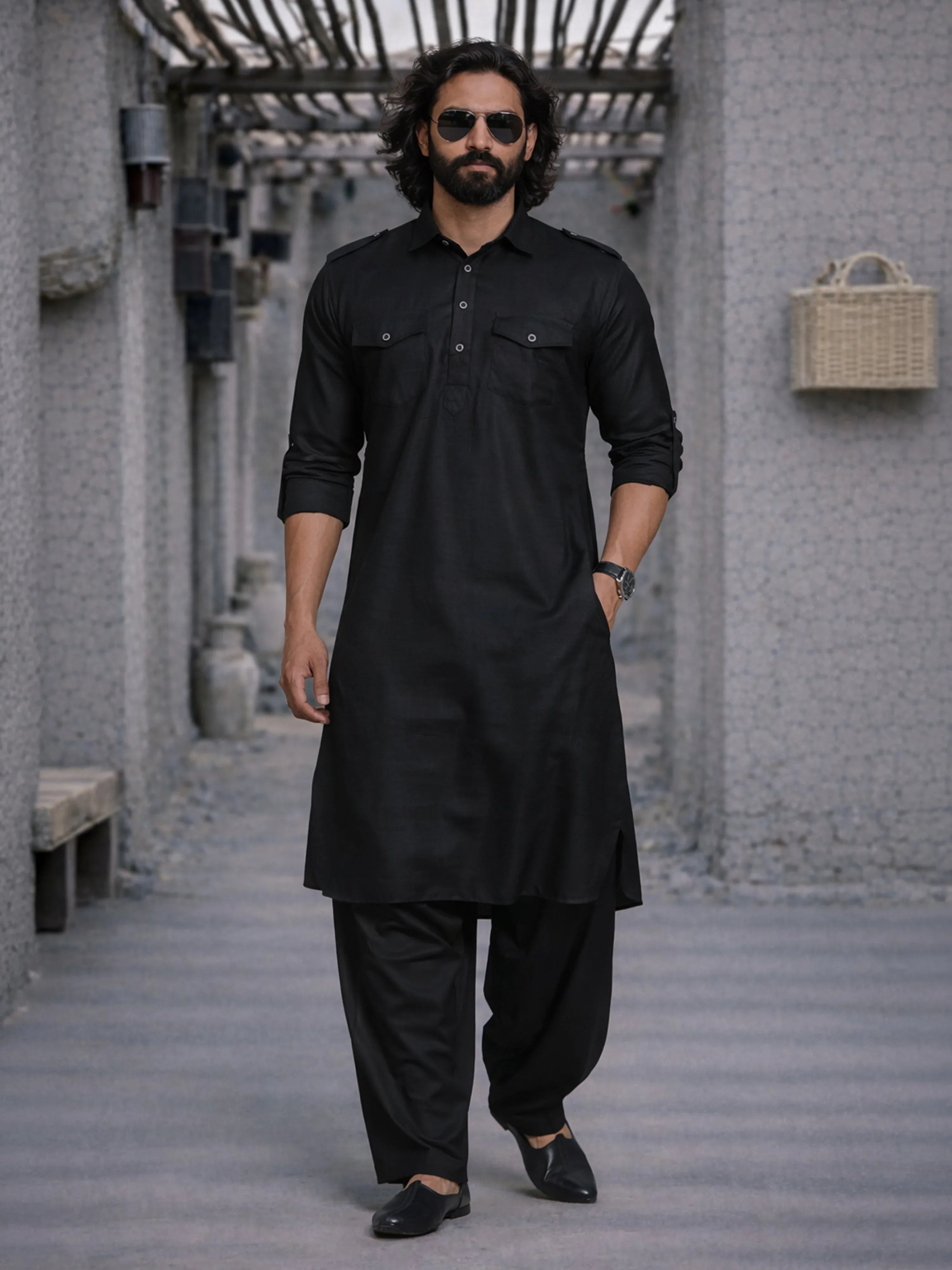 Men's Black Cotton Blend Pathani Suit Set