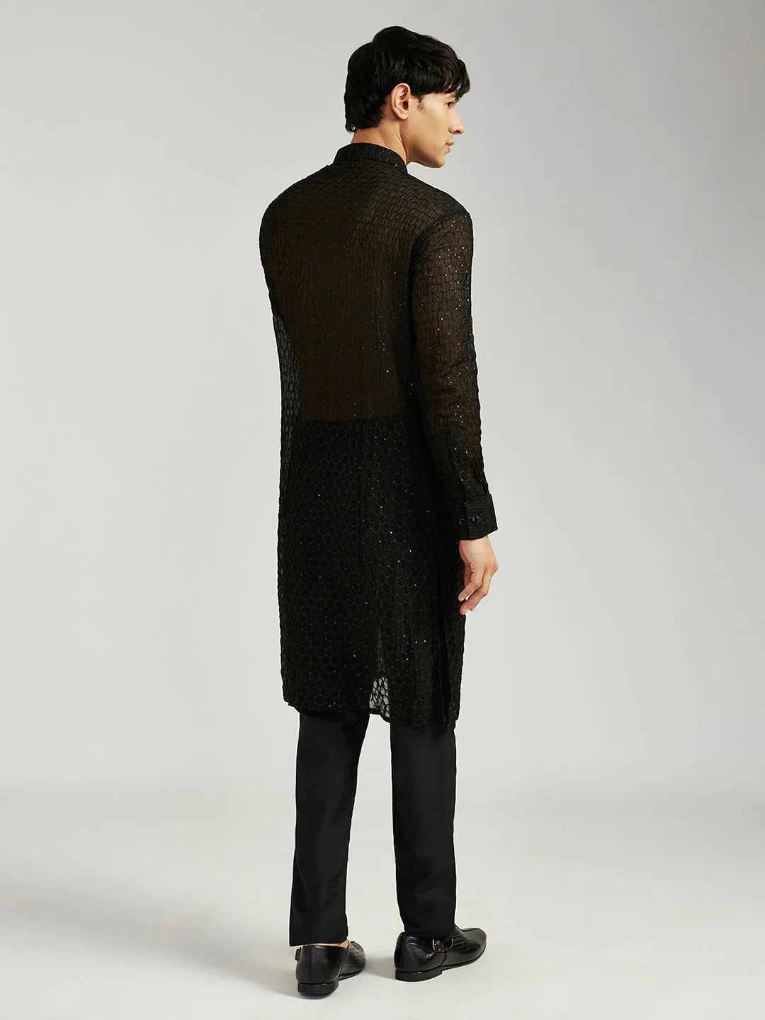 Men's Black Jacquard Kurta with Satin Pyjama and Embroidered Georgette Dupatta