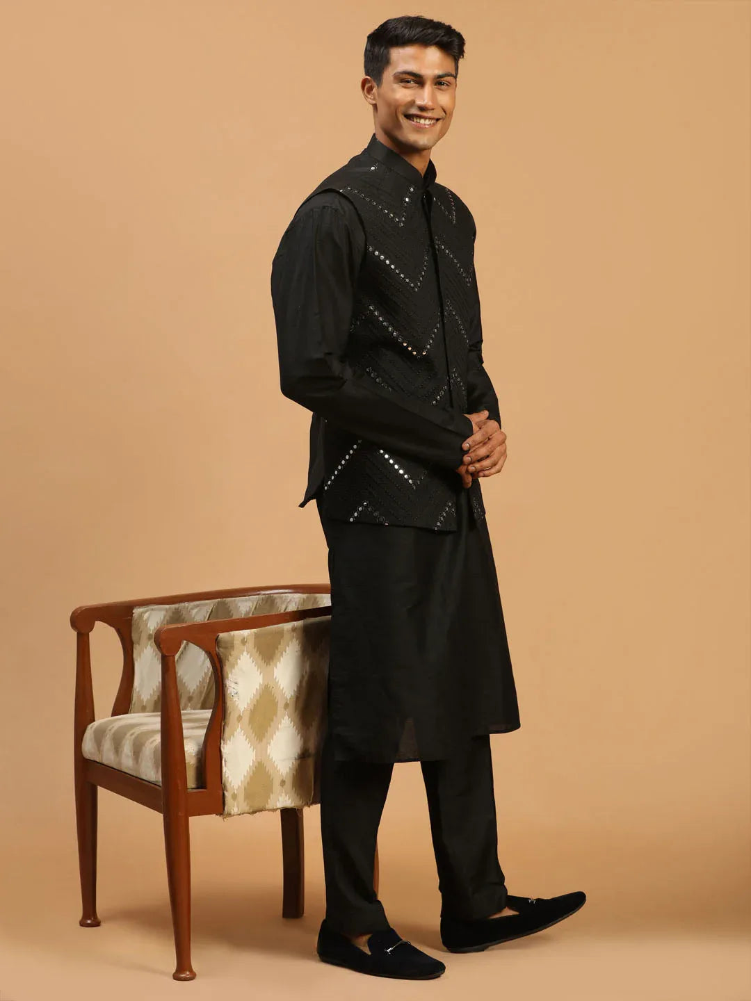 Men's Black Mirror Jacket With Kurta Pyjama Set