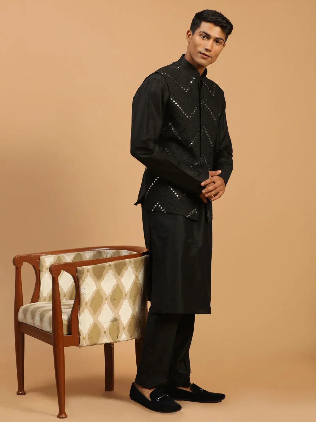 Men's Black Mirror Jacket With Kurta Pyjama Set