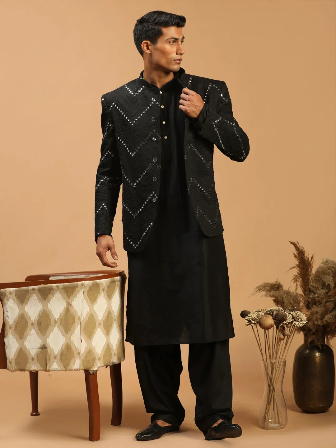 Men's Black Mirror Jodhpuri With Kurta Patiala Set