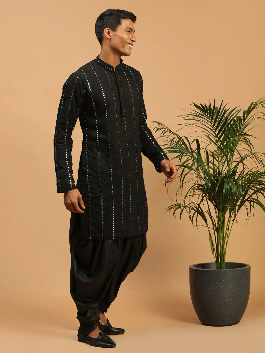 Men's Black Mirror Kurta Dhoti Set