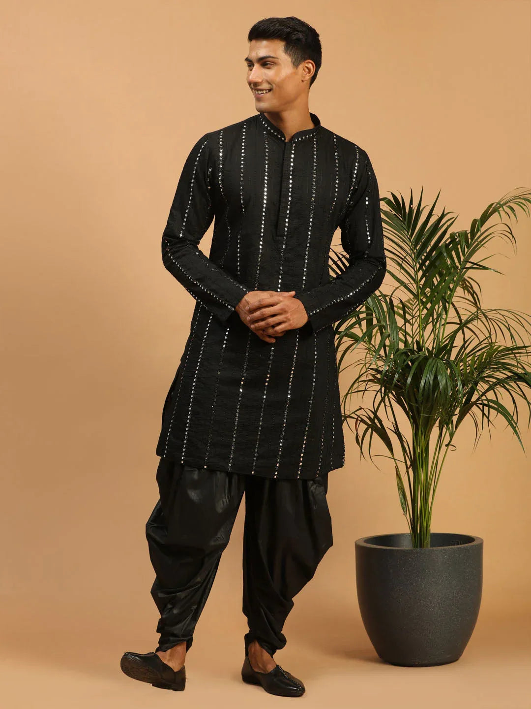 Men's Black Mirror Kurta Dhoti Set