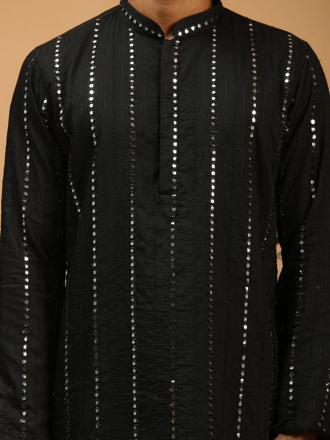 Men's Black Mirror Kurta Pyjama And Dupatta Set