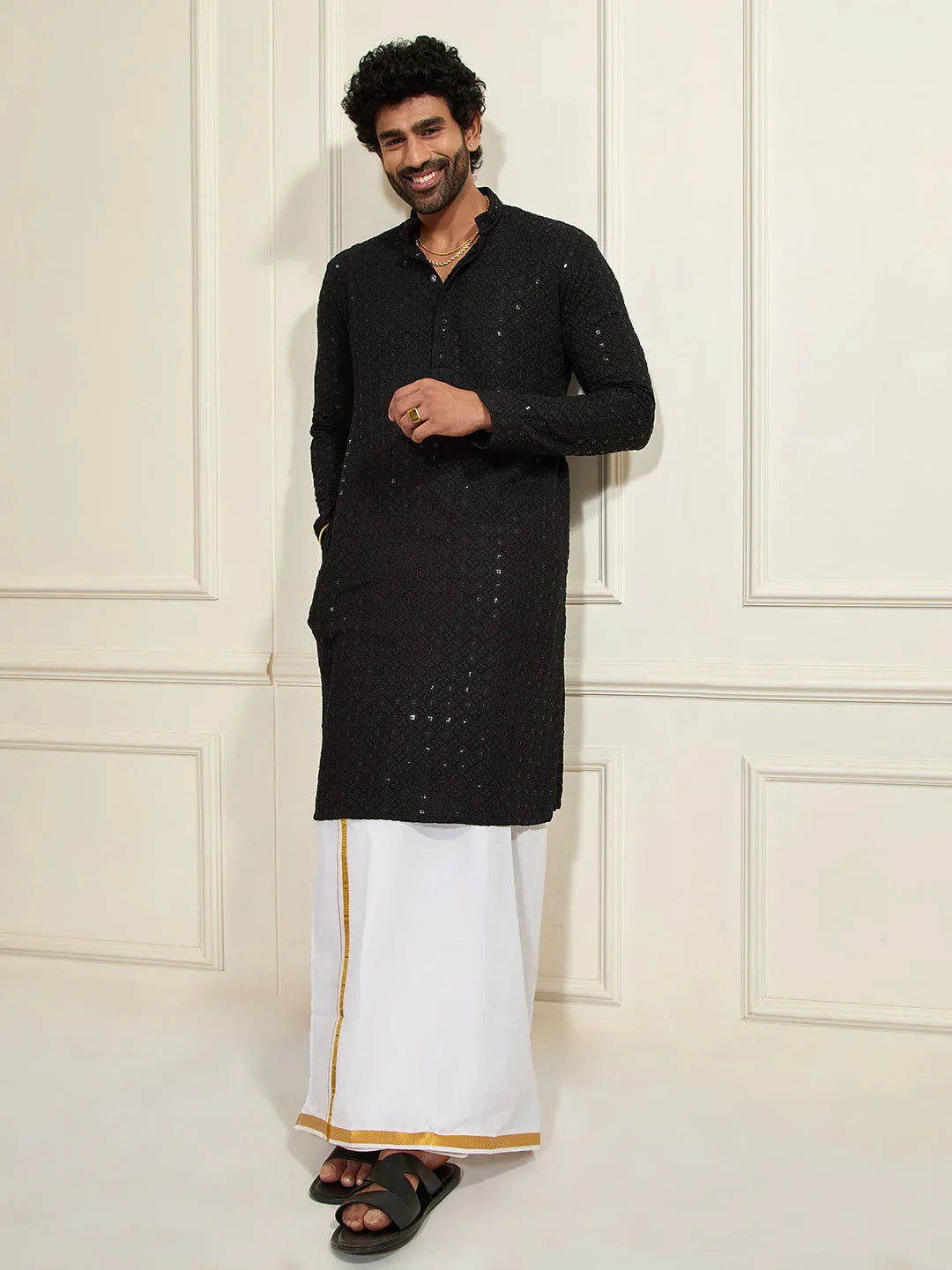 Men's Black Rayon Cotton Kurta