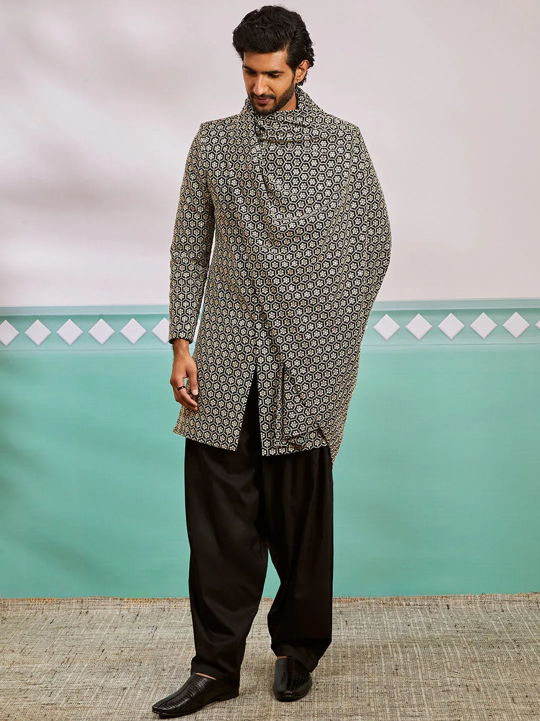 Men's Black Rayon Indo Western,Patiala And Dupatta Set