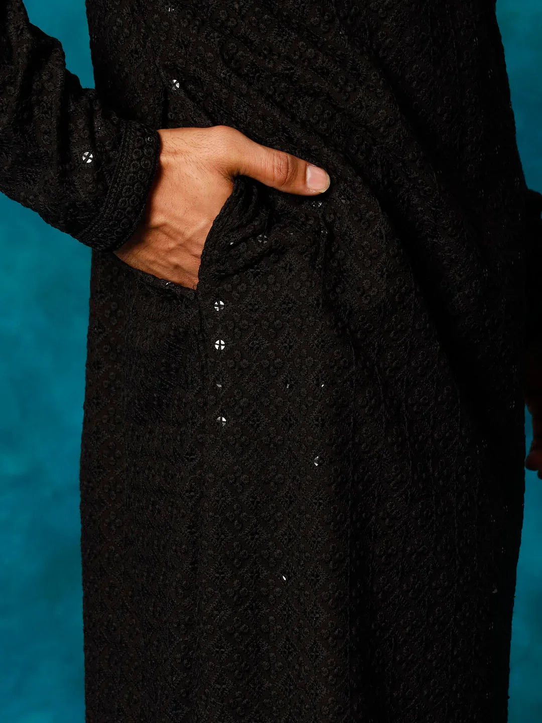 Men's Black Rayon Schiffli Kurta And Pant Set