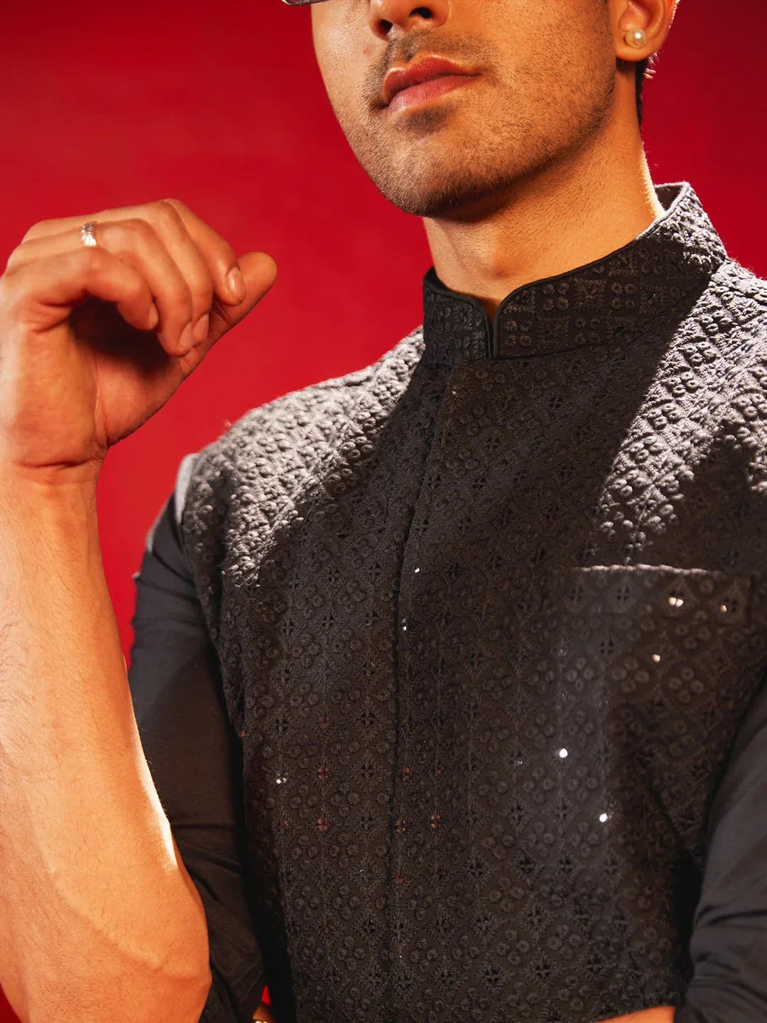 Men's Black Sequin Embroidery Nehru Jacket with Kurta Pyjama Set