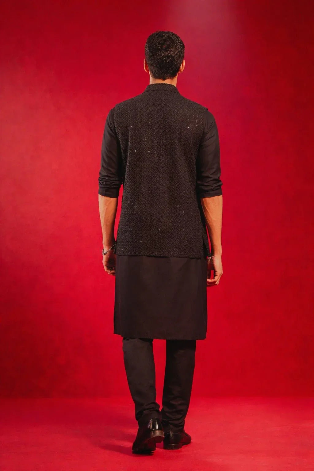 Men's Black Sequin Embroidery Nehru Jacket with Kurta Pyjama Set