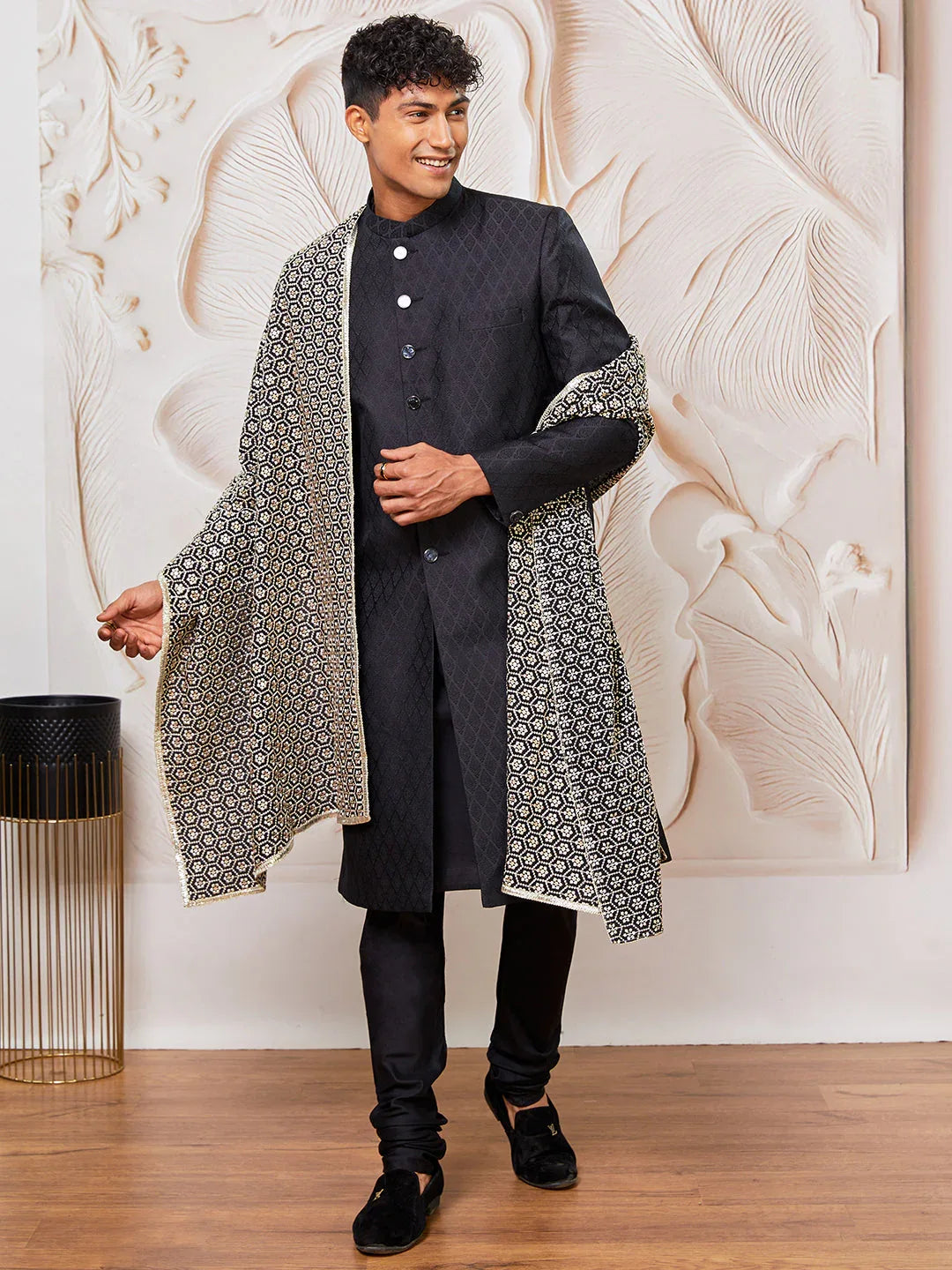 Men's Black Silk Blend Sherwani Kurta Pyjama And Dupata Set