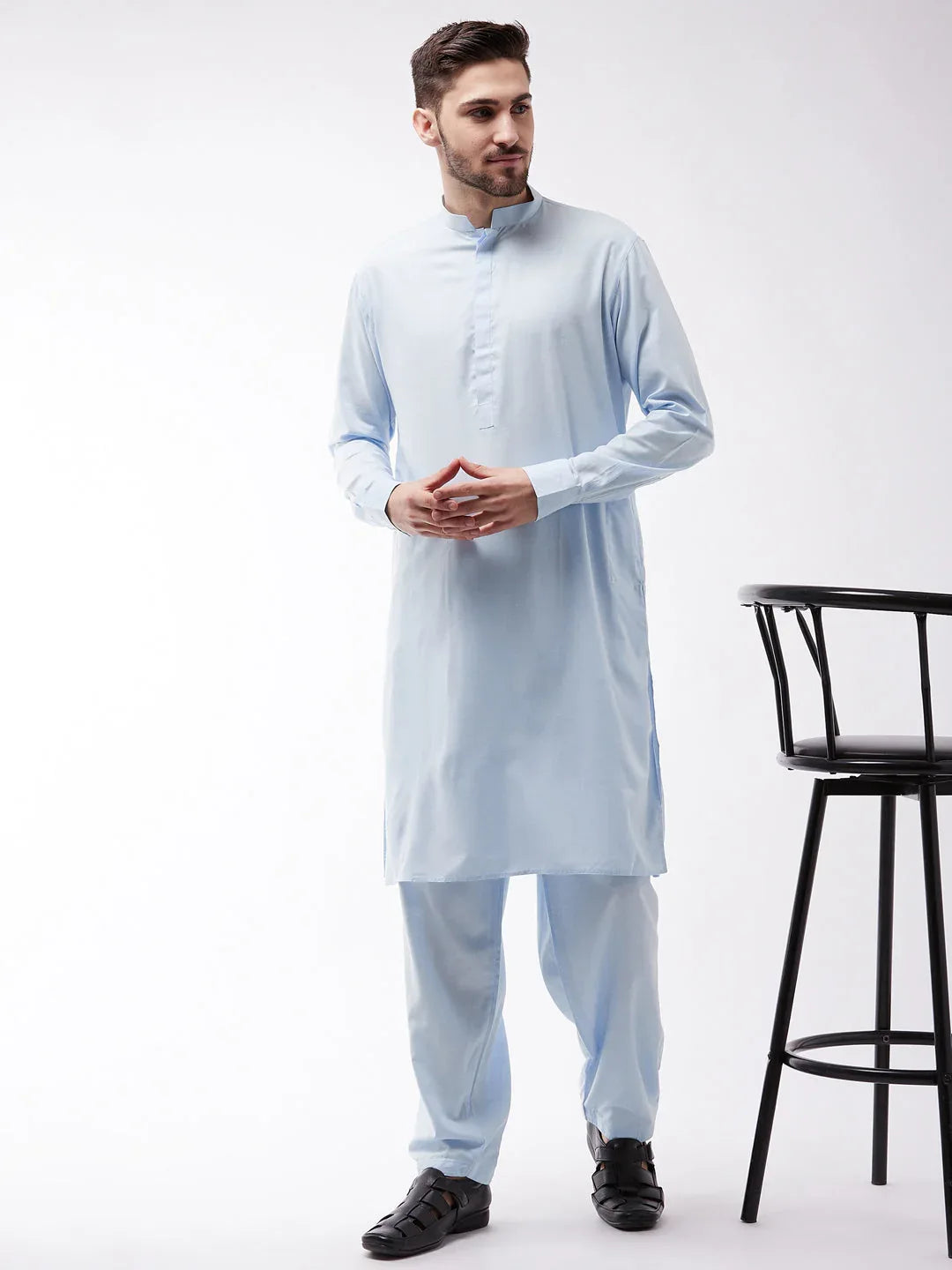 Men's Blue Cotton Blend Kurta and Pyjama Set