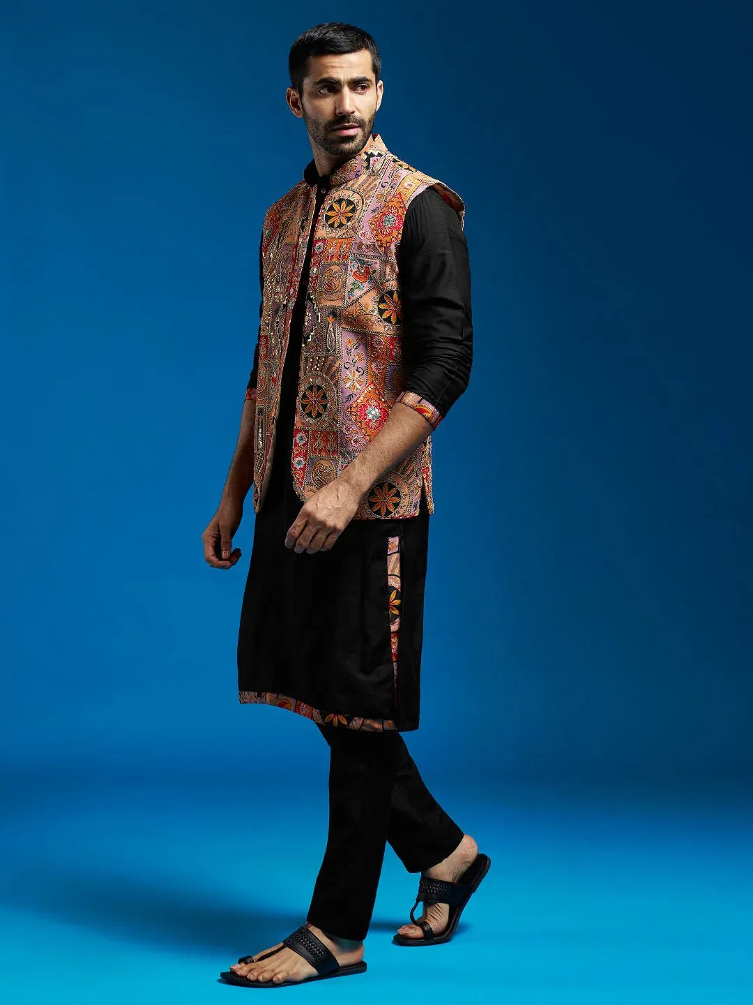 Men's Chiku Embroidered Nehru Jacket Set with Black Printed Kurta & Fine Satin Pyjama