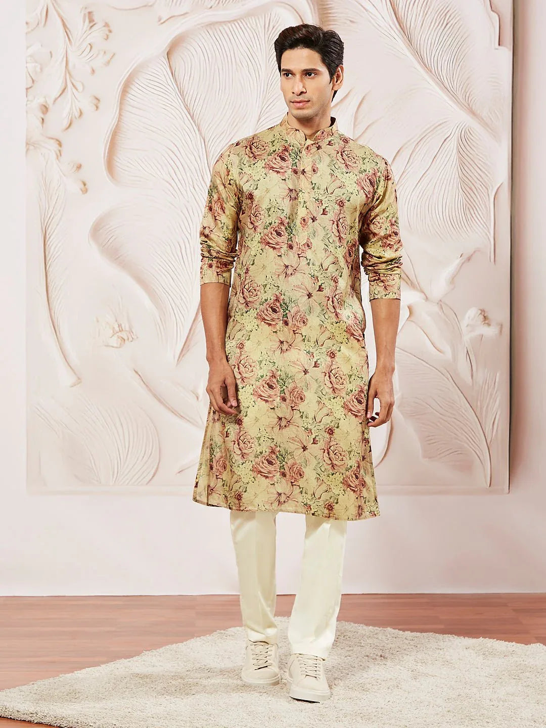 Men's Chiku Printed Kurta Pyjama Set with Cream Viscose Pyjama