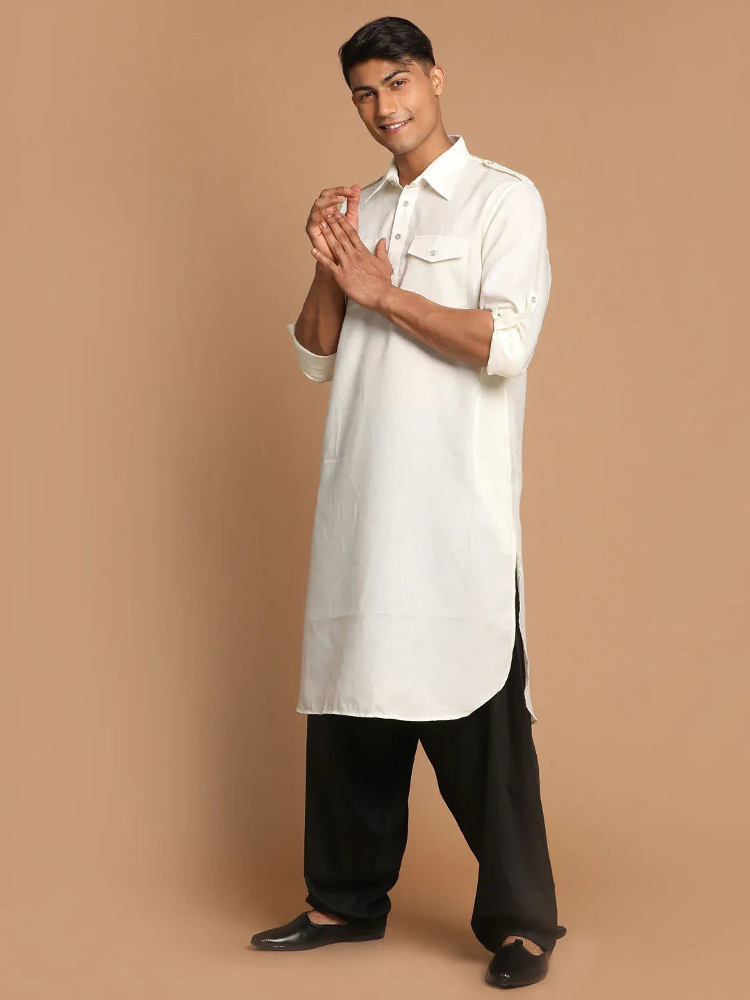 Men's Cream Cotton Blend Pathani Suit Set